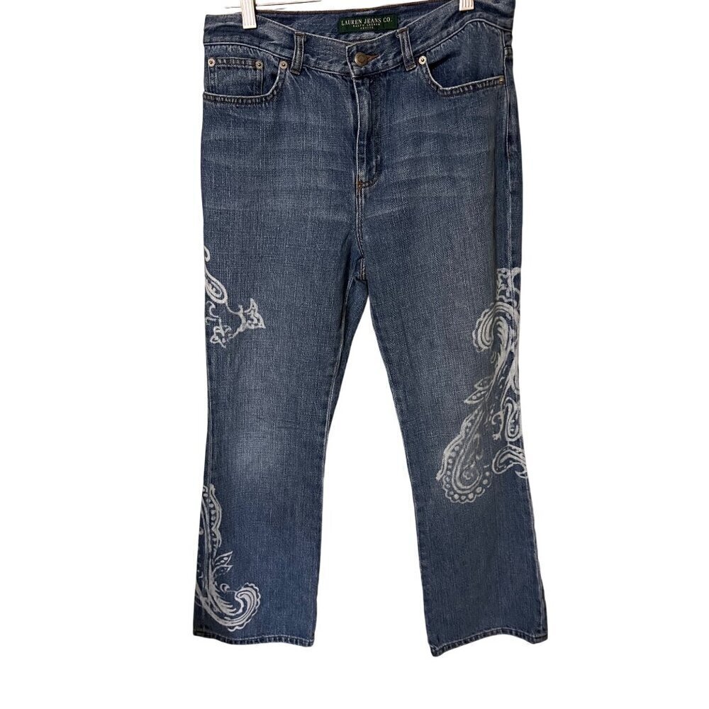 Lauren Jeans Co. Blue Denim Jeans With White Paisley Design Size‎ 8
